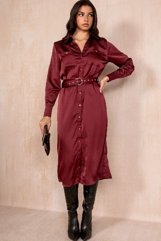 Bodycon DressGiselle Burgundy Satin Shirt Dress