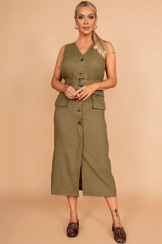 Silk DressVerna Khaki Linen Belted Dress