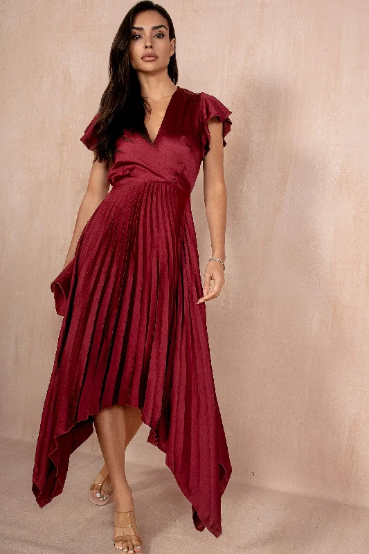 Modern DressBetha Burgundy Satin Pleated Dress