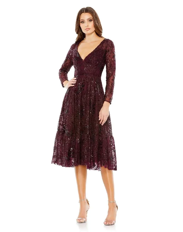 TightwaistMac Duggal 68001 Long Sleeve Lace Midi Dress