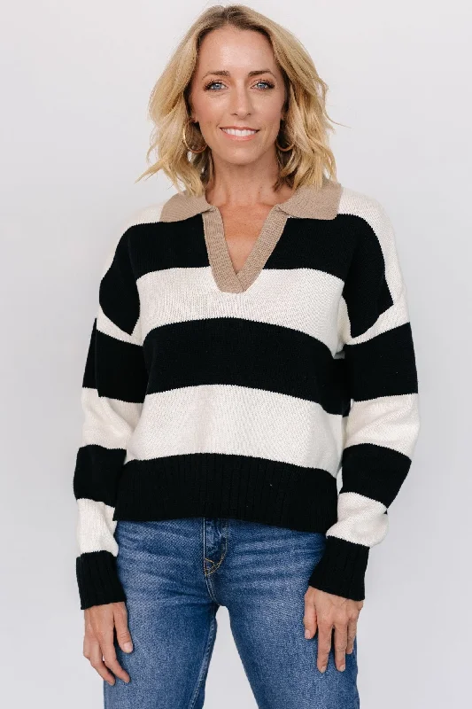 Boat Neck Knit TopsAlec Striped Sweater | Black + Ivory