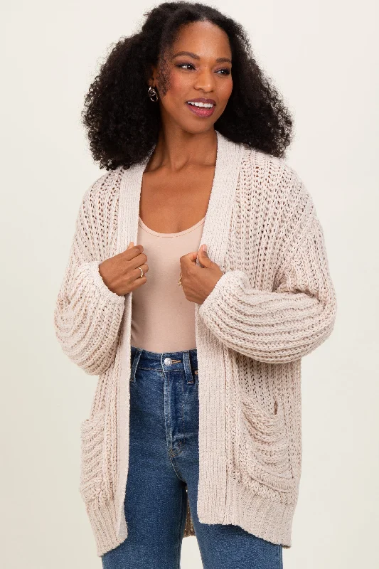 Colorblock Knit TopsBeige Chunky Knit Oversized Pocket Cardigan