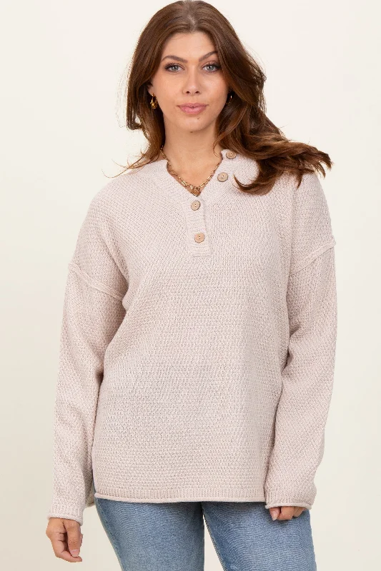 Cable Knit TopsBeige Diamond Knit Button Detail Sweater