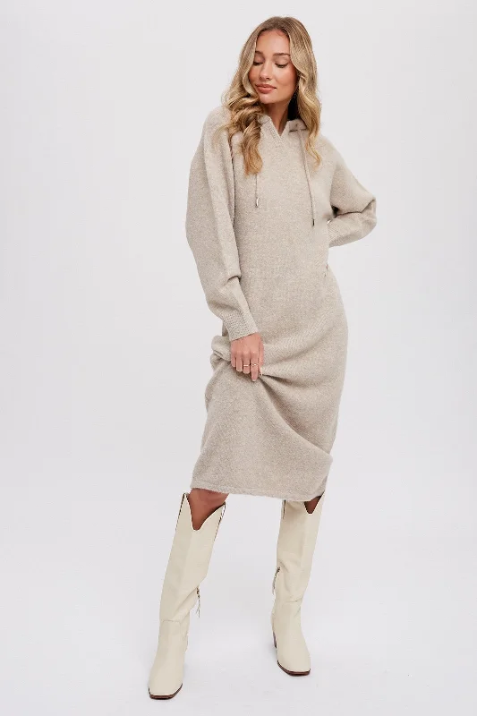 Scoop Neck Knit TopsBeige Hooded Sweater Midi Dress