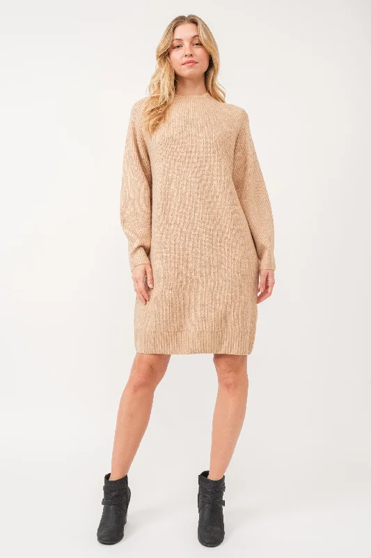 Polyester Knit TopsBeige Mock Neck Sweater Dress