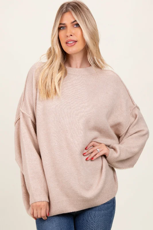 Luxury Knit TopsBeige Oversized Crewneck Melange Knit Sweater