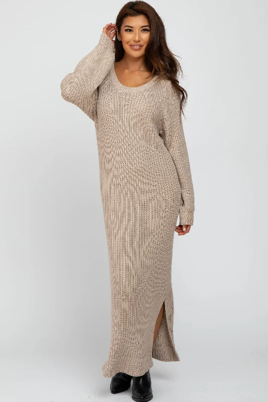 Off-Shoulder Knit TopsBeige Side Slit Maxi Sweater Dress