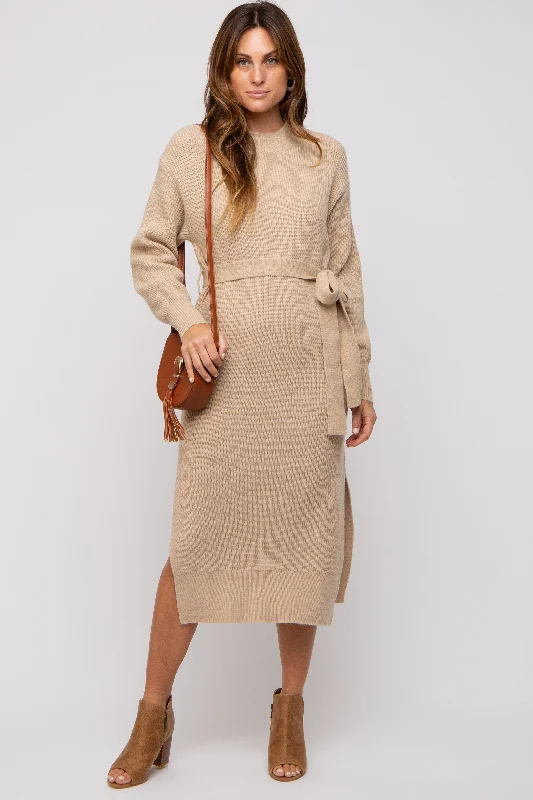 Oversized Knit TopsBeige Side Slit Sweater Midi Dress