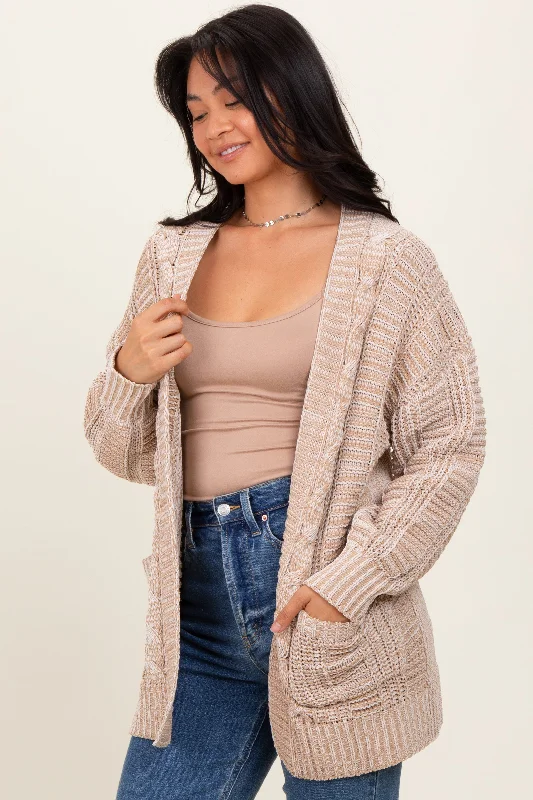 Asymmetrical Knit TopsBeige Two Toned Oversized Cable Knit Cardigan