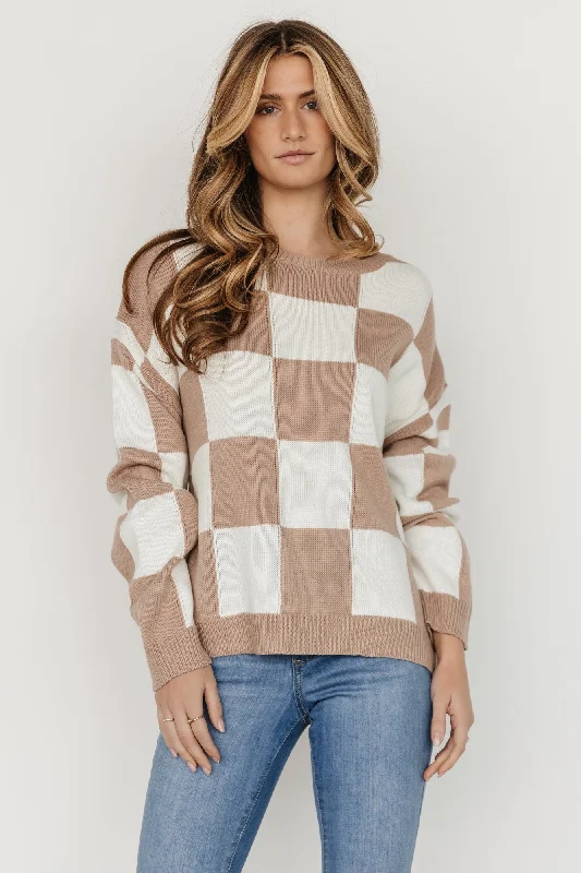 Urban Knit TopsBella Checkered Sweater | Taupe