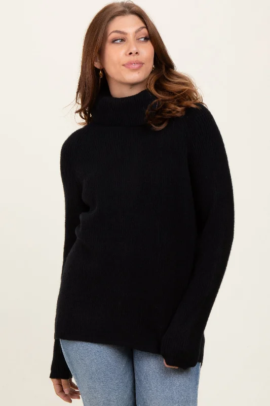 Organic Cotton Knit TopsBlack Basic Ribbed Turtle Neck Sweater