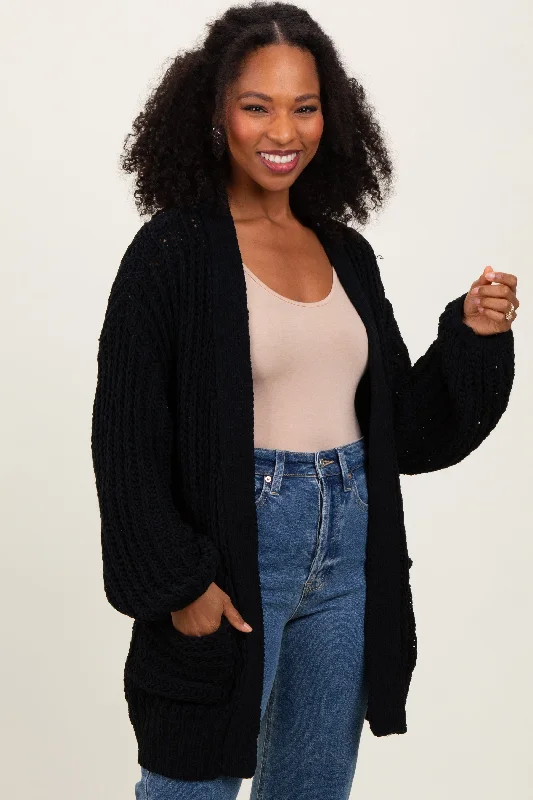 Casual Knit TopsBlack Chunky Knit Oversized Pocket Cardigan