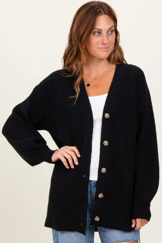 Sheer Knit TopsBlack Knit Oversized Button Down V-Neck Cardigan