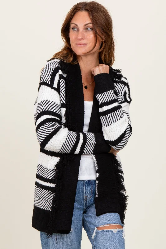 Ruffled Knit TopsBlack Mixed Stripe Fringe Shawl Collar Cardigan