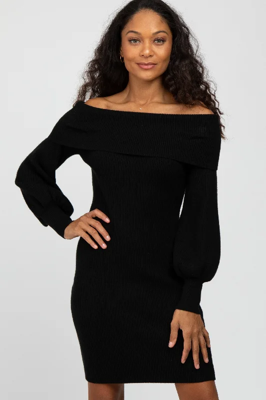 Button-Up Knit TopsBlack Off Shoulder Bubble Sleeve Sweater Dress