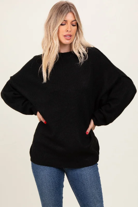 Mohair Knit TopsBlack Oversized Crewneck Melange Knit Sweater