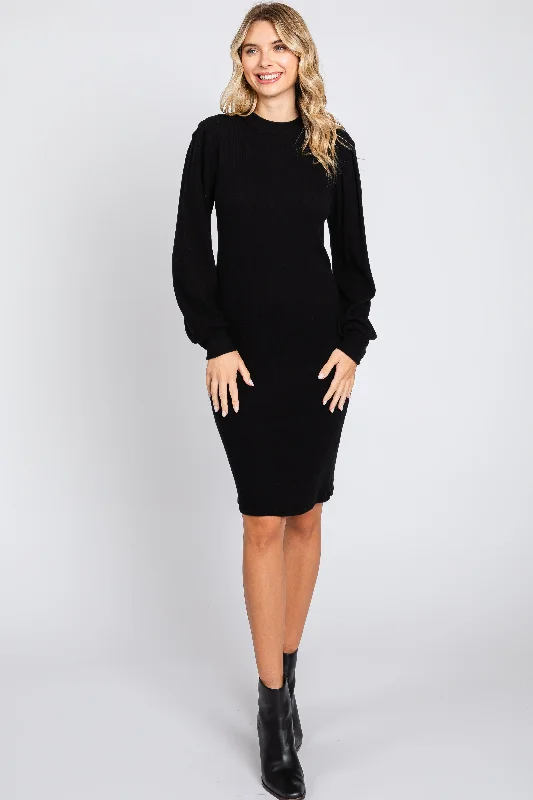 Hunting Knit TopsBlack Ribbed Long Sleeve Mock Neck Dress