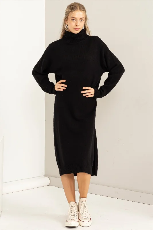 Sports Team Knit TopsBlack Turtleneck Side Slit Sweater Midi Dress