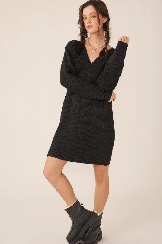 Hunting Knit TopsBlack V-Neck Oversized Sweater Dress