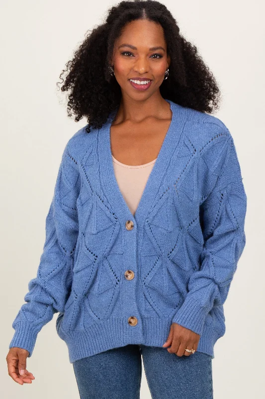 Lace Knit TopsBlue Diamond Knit Button Up Sweater Cardigan