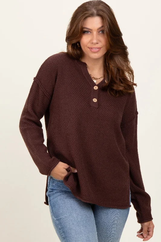 Branded Knit TopsBrown Diamond Knit Button Detail Sweater