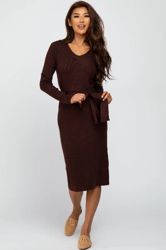 Colorblock Knit TopsBrown Tie Front Sweater Midi Dress