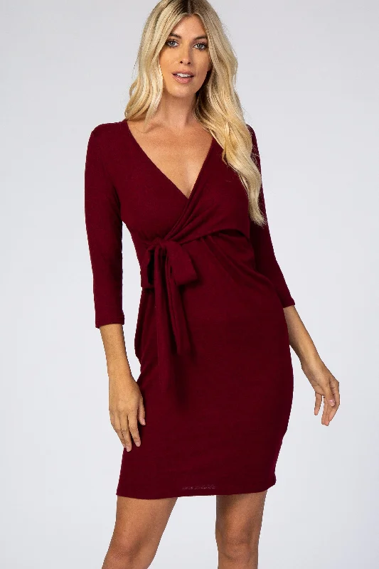 Fleece Knit TopsBurgundy Brushed Knit Wrap Fitted Nursing Dress