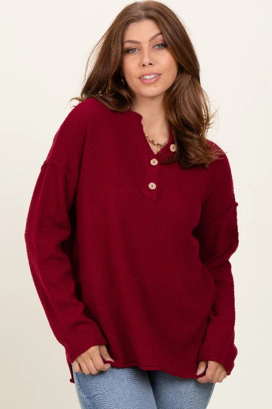 Beaded Knit TopsBurgundy Diamond Knit Button Detail Sweater