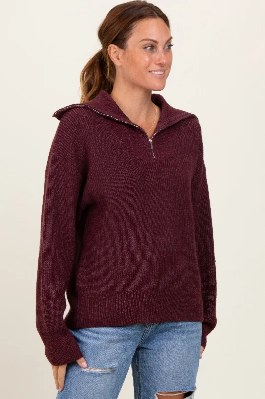 Oversized Knit TopsBurgundy Half Zip Chunky Knit Pullover Sweater