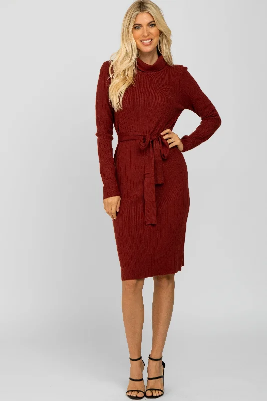 Performance Knit TopsBurgundy Ribbed Turtleneck Sweater Dress