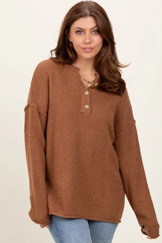 Hooded Knit TopsCamel Diamond Knit Button Detail Sweater