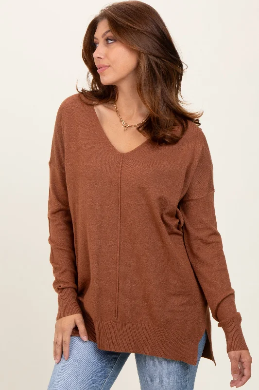 Retro Knit TopsCamel Front Seam V-Neck Side Slit Sweater