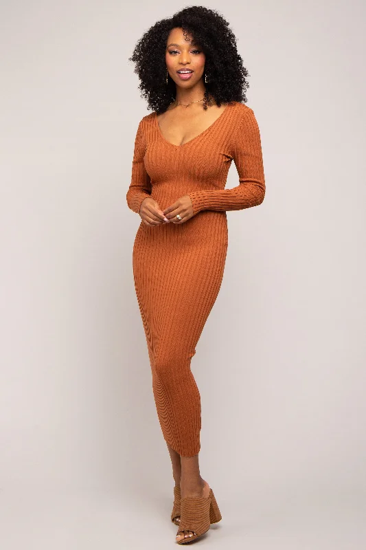 Hip-Hop Knit TopsCamel V-Neck Long Sleeve Fitted Maxi Dress