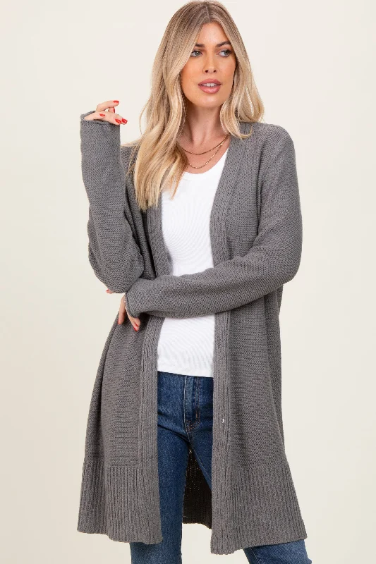 Ribbed Cuff Knit TopsCharcoal Contrast Rib Long Open Cardigan