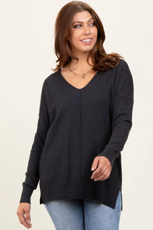 Asymmetrical Knit TopsCharcoal Front Seam V-Neck Side Slit Sweater