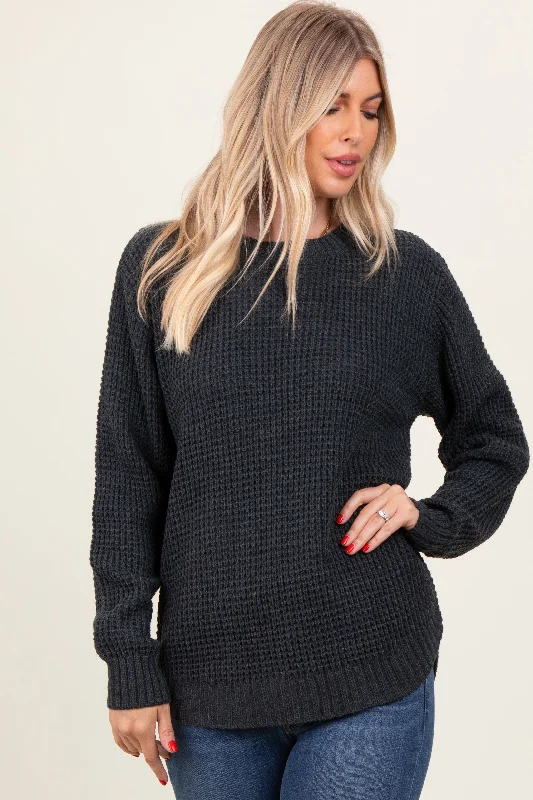 Thermal Knit TopsCharcoal Waffle Knit Rounded Hem Sweater