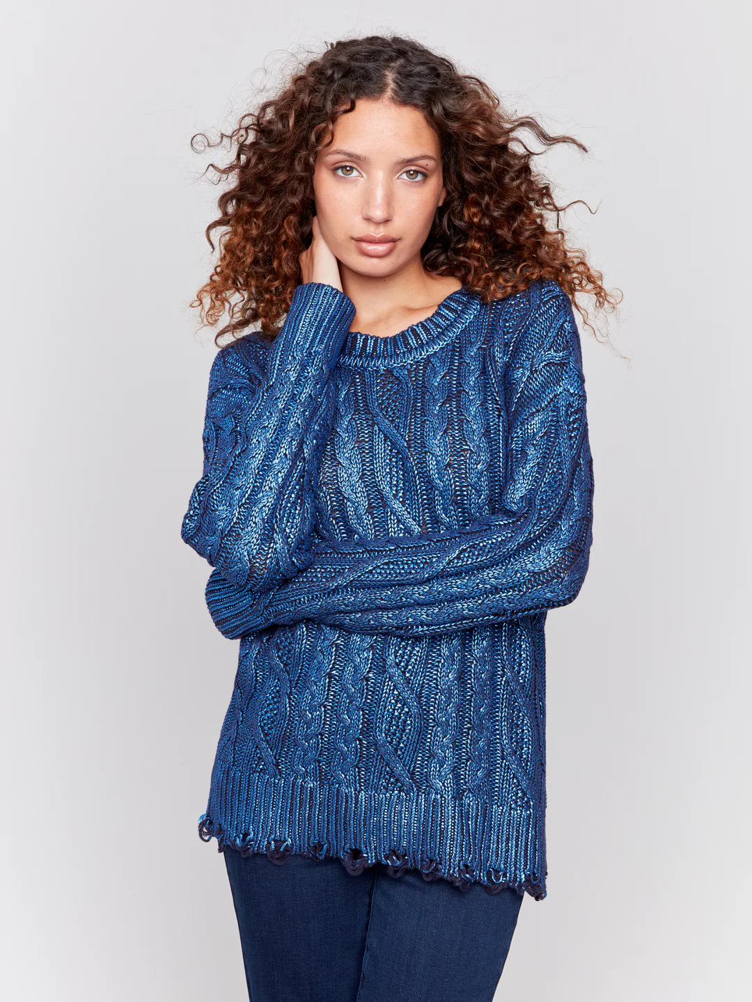 Cotton Knit TopsCharlie B Foiled Cable Knit Crew-Neck Sweater With Distressed Hem - C2716P-095C