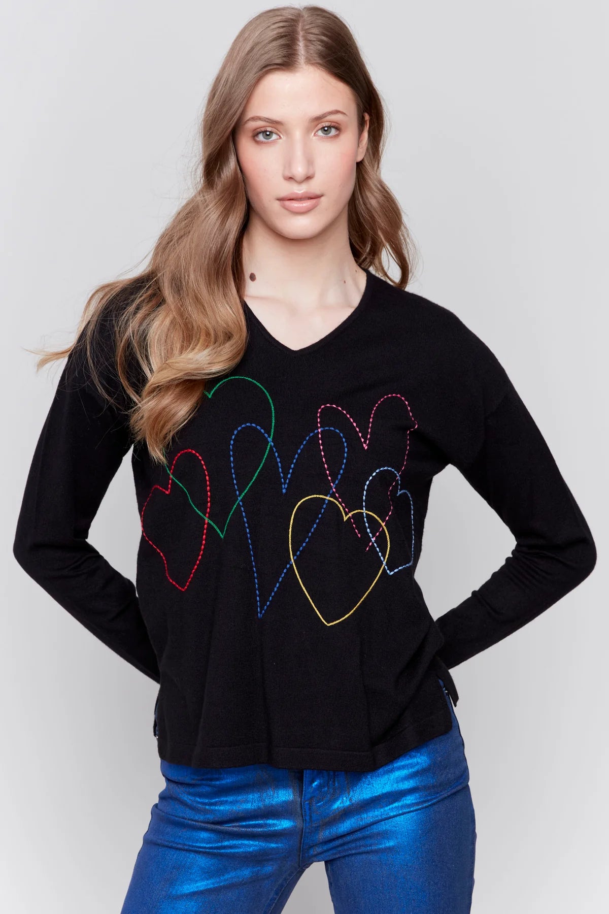 Collaborative Knit TopsCharlie B Heart Embroidered V-Neck Sweater - C2679-464A