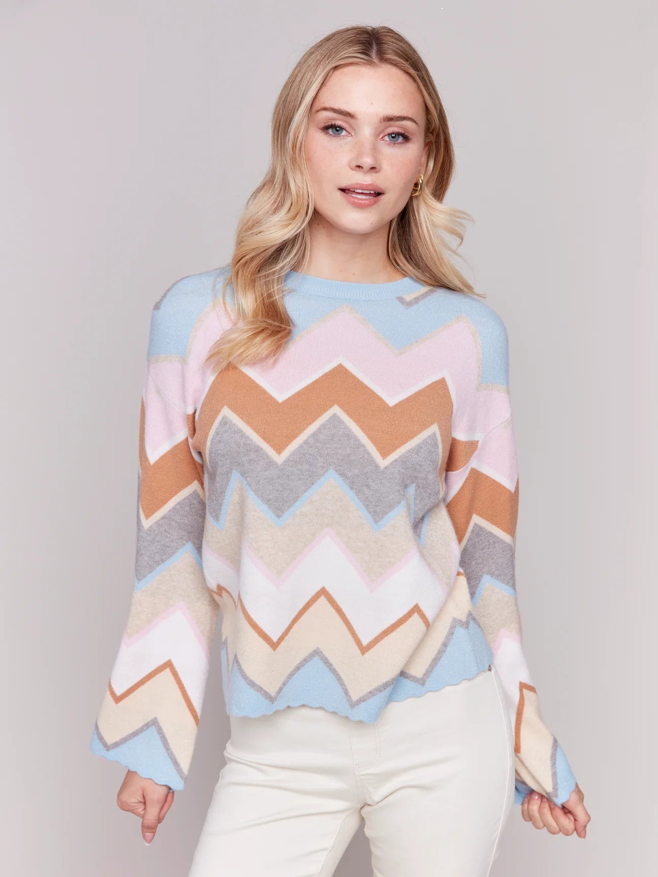 Band Merch Knit TopsCharlie B Chevron Stripe Crew-Neck Sweater - C2721 - 974A