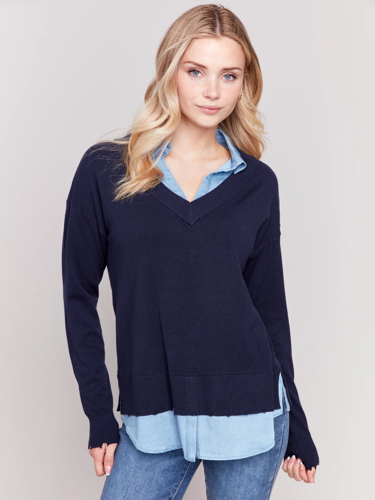 Pocketed Knit TopsCharlie B V-neck Sweater With A Shirt Collar - C2568T-464A