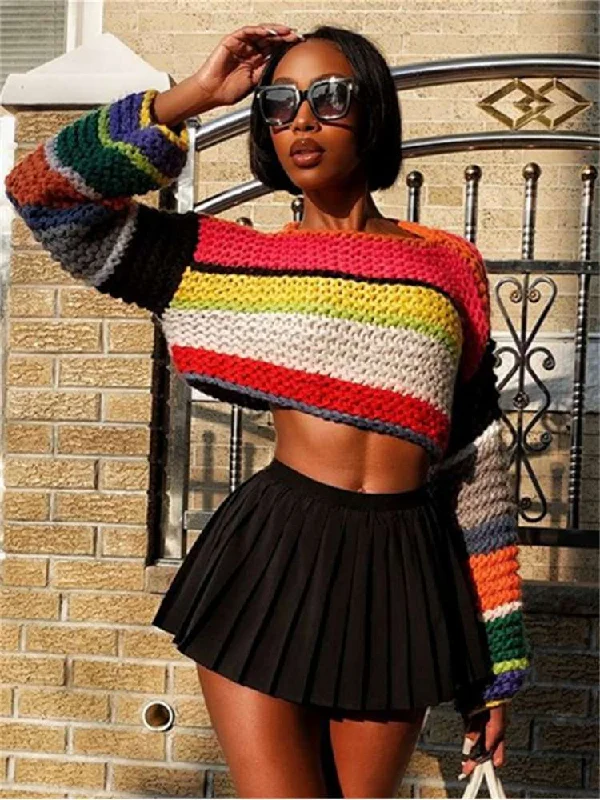 Embroidered Knit TopsContrast Color Striped Long Sleeve Sweater