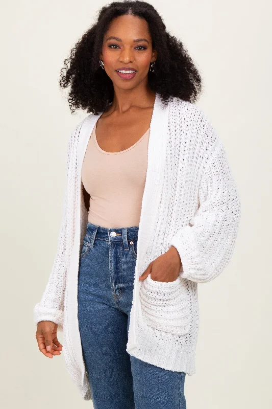 Studded Knit TopsCream Chunky Knit Oversized Pocket Cardigan