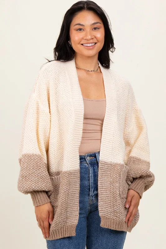 Leather-Paneled Knit TopsCream Colorblock Bubble Sleeve Knit Cardigan