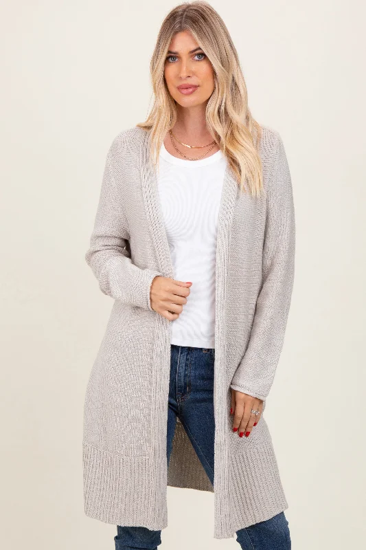 Yoga Knit TopsCream Contrast Rib Long Open Cardigan