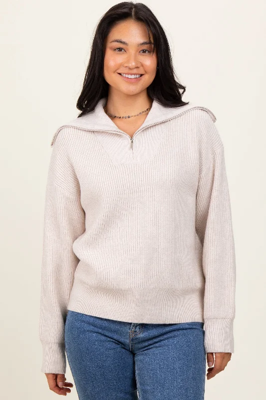 V-Neck Knit TopsCream Half Zip Chunky Knit Pullover Sweater