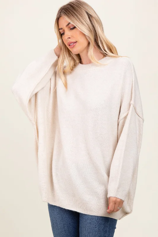 Hunting Knit TopsCream Oversized Crewneck Melange Knit Sweater