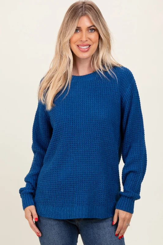 Formal Knit TopsDark Blue Waffle Knit Rounded Hem Sweater