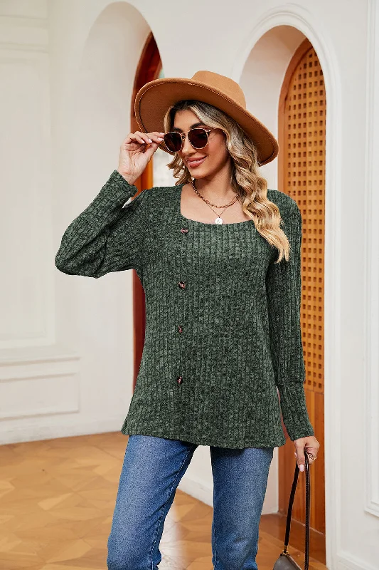 Asymmetrical Knit TopsDecorative Button Slit Square Neck Top