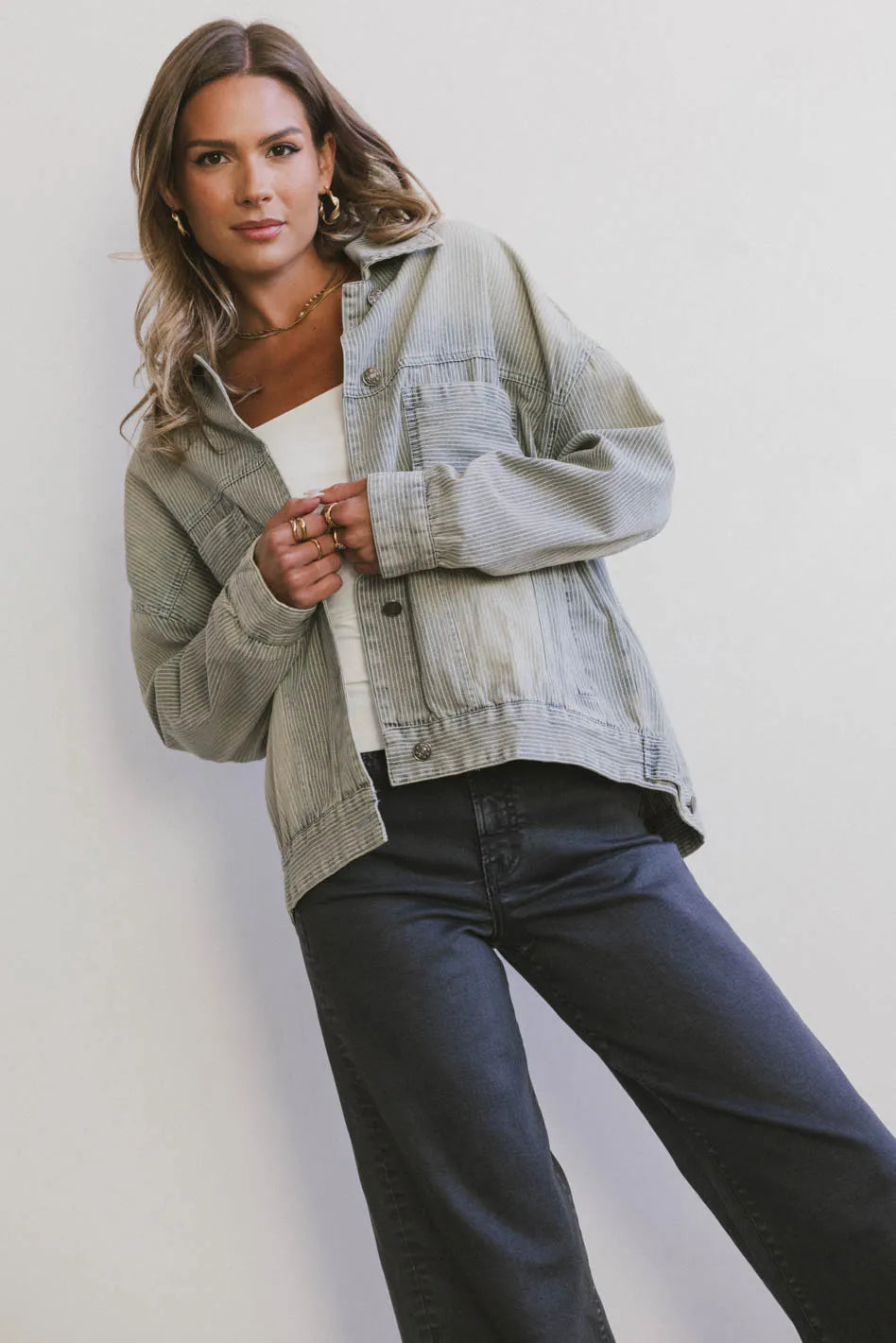 Ribbed Cuff JacketsEvra Light Wash Denim Jacket