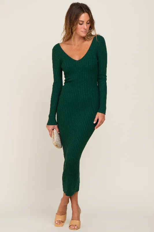 Linen Knit TopsForest Green V-Neck Long Sleeve Fitted Maxi Dress